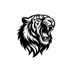 Wall Mural - Vector logo of a roaring tiger. black and white illustration of a hissing big cat.