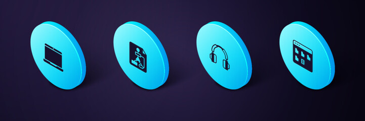 Sticker - Set Isometric Browser files, Headphones, Flowchart and Laptop icon. Vector