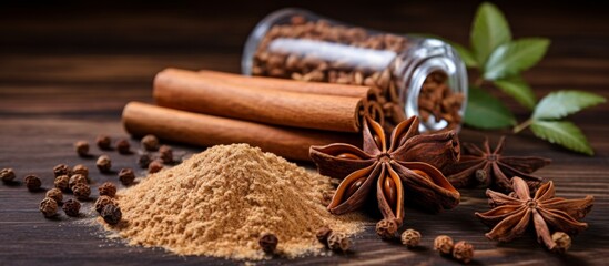 Wall Mural - A mixture of cinnamon sticks, star anise, cloves, and powder displayed on a wooden table. These spices are staple ingredients in Chinese cuisine