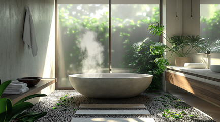 Wall Mural - A modern bathroom with pebbles on the floor, a steamy bathtub in white and grey colors, a large window showing greenery outside, steam rising from an iron bowl placed near it, modern wooden furniture