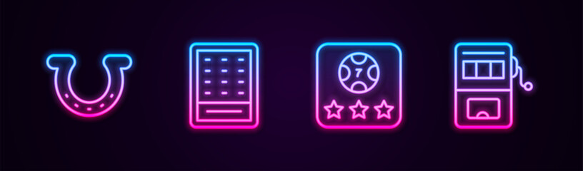 Sticker - Set line Horseshoe, Lottery ticket, Online poker table game and Slot machine. Glowing neon icon. Vector