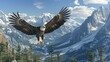 Under a clear blue sky, a majestic bald eagle glides effortlessly over a breathtaking expanse of snow-covered mountains.