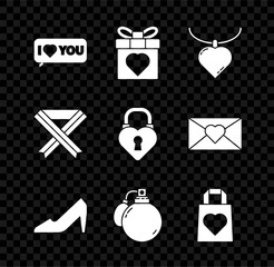 Sticker - Set Speech bubble with I love you, Gift box and heart, Necklace shaped pendant, Woman shoe, Perfume, Shopping bag, Breast cancer awareness ribbon and Castle the of icon. Vector