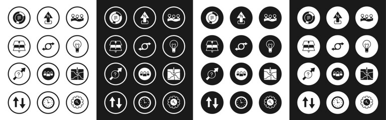 Poster - Set Location, Arrow, Layers, Pie chart infographic, Light bulb, Percent up arrow, Intersection point and icon. Vector