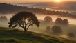 wonderful morning summer view, spectacular sunrise slope with tree on background foggy valley, splendid dawn nature landscape Generative AI