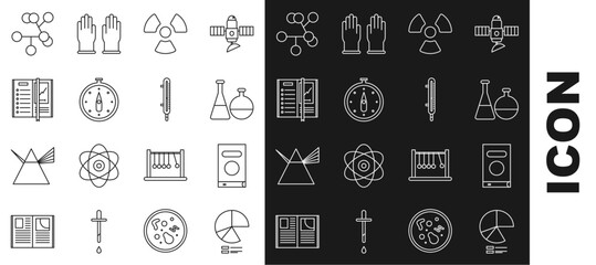 Wall Mural - Set line Pie chart infographic, Book, Test tube and flask chemical laboratory, Radioactive, Compass, Notebook, Molecule and Meteorology thermometer measuring icon. Vector