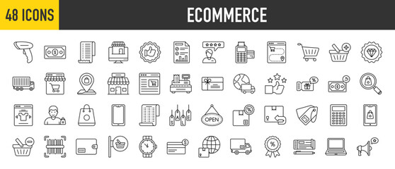 48 Ecommerce icons set. Containing Barcode Scanner, Dollar Note, Sale Report, Receipt, Customer Review, Order Tracking, Shopping Cart and Cargo Truck more vector illustration collection.