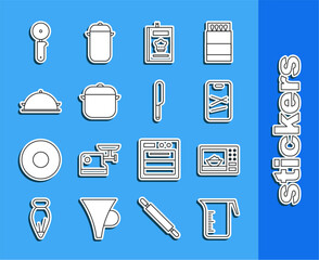 Poster - Set line Measuring cup, Microwave oven, Cutting board, Cookbook, Cooking pot, Covered with tray of food, Pizza knife and Knife icon. Vector