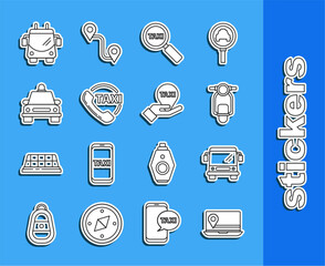 Poster - Set line Laptop with location marker, Bus, Scooter, Magnifying glass and taxi car, Taxi call telephone service, Trolleybus and Hand map pointer icon. Vector