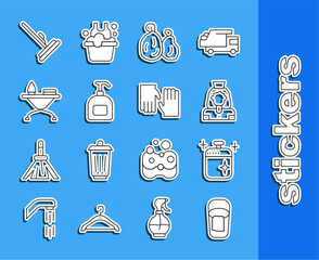 Sticker - Set line Bucket with rag, Clean cooking pot, Cleaning lady service, Garbage bag, Bottle of liquid soap, Iron and ironing board, Mop and Rubber gloves icon. Vector