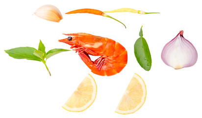 Top view set of Thai soup ingredients with red cooked prawn or shrimp isolated on white background with clipping path