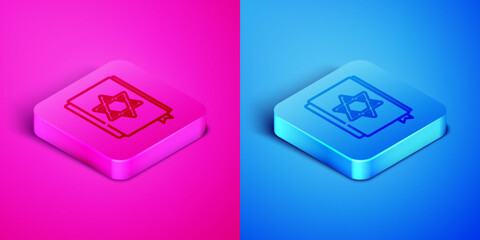 Sticker - Isometric line Jewish torah book icon isolated on pink and blue background. Pentateuch of Moses. On the cover of the Bible is the image of the Star of David. Square button. Vector