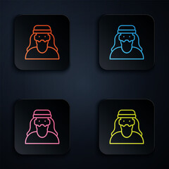 Wall Mural - Color neon line Muslim man icon isolated on black background. Set icons in square buttons. Vector