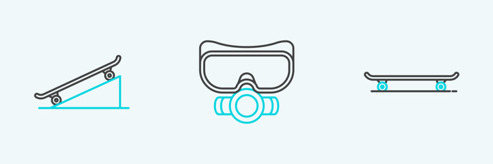 Sticker - Set line Skateboard, on street ramp and Diving mask icon. Vector