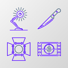 Wall Mural - Set line Play Video, Movie spotlight, Knife and Table lamp icon. Vector