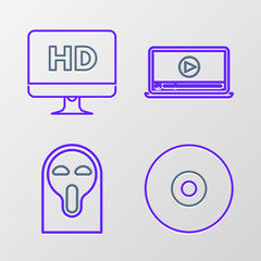 Canvas Print - Set line CD or DVD disk, Funny and scary ghost mask, Online play video and Computer PC monitor with HD technology icon. Vector