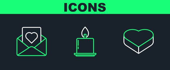 Sticker - Set line Candy in heart shaped box, Envelope with and Burning candle icon. Vector