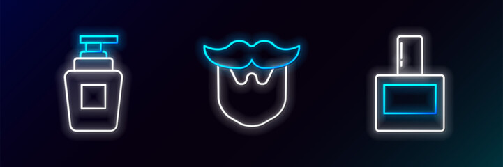 Poster - Set line Aftershave, Bottle of shampoo and Mustache and beard icon. Glowing neon. Vector