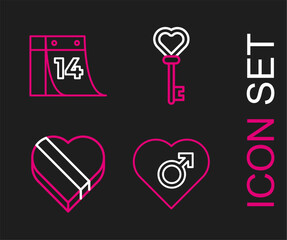 Canvas Print - Set line Heart with male gender, Candy in heart shaped box, Key and Calendar February 14 icon. Vector