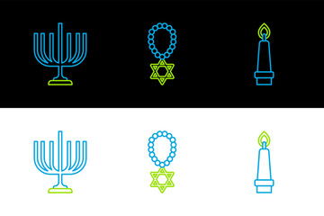 Sticker - Set line Burning candle, Hanukkah menorah and Star of David necklace on chain icon. Vector