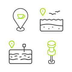 Sticker - Set line Push pin, Broken road, Location with beach and coffee cup icon. Vector