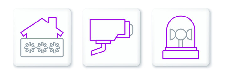 Sticker - Set line Flasher siren, House with password and Security camera icon. Vector