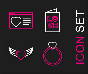 Wall Mural - Set line Wedding rings, Heart with wings, Valentines day party flyer and Dating app online icon. Vector