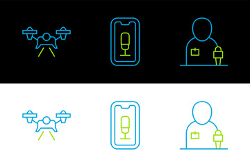 Poster - Set line Journalist news, Drone and Mobile recording icon. Vector