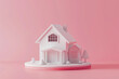 Minimalist electronic house in 3D clay style, solid pink background, isolated and chic