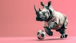 Surreal Rhinoceros Soccer Player on Pink Background