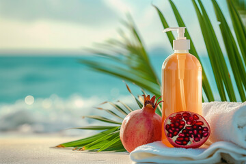 massage oil with cut pomegranate on white towel at beach resort with palm frond and copy space