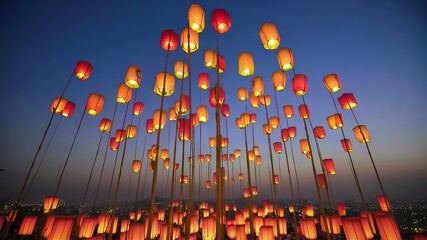 Wall Mural - A group of red lanterns floating in the air. They are lit and cast a warm glow against the dark sky. The lanterns are arranged in a way that forms a few clusters, some higher and some lower.