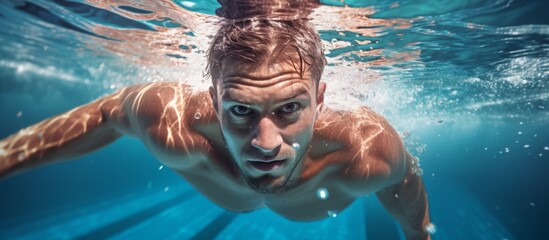 Canvas Print - A swimmer is leisurely enjoying underwater fun in the swimming pool, recreating scenes from a movie with jawdropping swimming skills