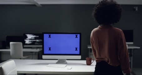 Aufkleber - Coding, virtual computer screen and woman programming, server, online code or algorithm at night. Mockup space, tracking markers and cybersecurity expert working on script, HTML or big data project