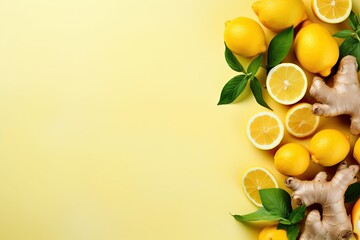 Wall Mural - Healthy organic vegan immunity booster, herbal drink, antioxidant anti-inflammatory ginger lemon tea with ingredient - fresh ginger, lemon, mint, yellow background with copy space