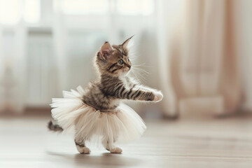 Funny and sweet little kitten in a ballet tutu, dancing on the back paws, light background
