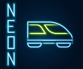 Wall Mural - Glowing neon line High-speed train icon isolated on black background. Railroad travel and railway tourism. Subway or metro streamlined fast train transport. Colorful outline concept. Vector