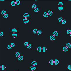 Wall Mural - Line Dumbbell icon isolated seamless pattern on black background. Muscle lifting, fitness barbell, sports equipment. Vector