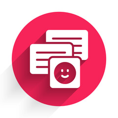 Sticker - White New chat messages notification on laptop icon isolated with long shadow. Smartphone chatting sms messages speech bubbles. Red circle button. Vector