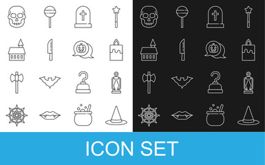 Wall Mural - Set line Witch hat, Camping lantern, Burning candle, Tombstone with cross, Knife, Castle, Skull and Pumpkin icon. Vector