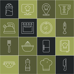 Wall Mural - Set line Knife, Cookbook, Blender, Chef hat with location, Oven, Kettle handle, Salt and Cutting board icon. Vector