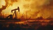 Silhouette of Oil pump rig, Oil and gas production, Oilfield site, and Pump Jack, Drilling derricks for fossil fuels output and crude oil production, War on oil prices, war crisis, blurred image
