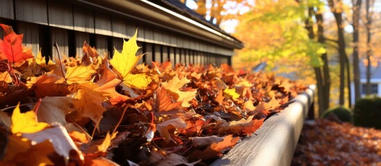 Sticker - A gutter filled with leaves on the side of a house, surrounded by plants, flowers, and trees in a wellmanicured landscape