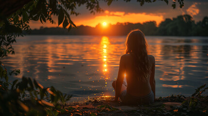 Wall Mural - Woman sitting by the lake at sunset, enjoying the tranquil scenery.