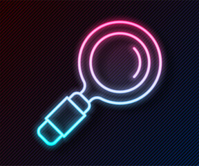 Wall Mural - Glowing neon line Magnifying glass icon isolated on black background. Search, focus, zoom, business symbol. Vector