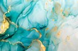 Abstract marbled ink fluid watercolor painting, turquoise petals and gold swirls on white background, luxury decoration illustration