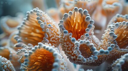 Wall Mural - A close up of a coral reef with many small white and orange flowers. Concept of wonder and beauty, as the intricate patterns and colors of the coral and flowers are highlighted. The scene is peaceful