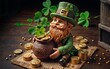 A leprechaun statue sits on a table, surrounded by gold coins and a pot of gold.