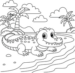 Wall Mural - Cute kawaii alligator cartoon character on the island background coloring page vector illustration