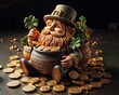 Leprechaun sits on a pot of gold coins.